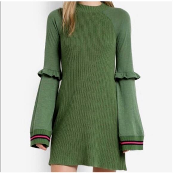Free People XS Zou Bisou Sweater Dress | Green, Bell Sleeves, Ruffle Trim, $120 - Picture 1 of 5
